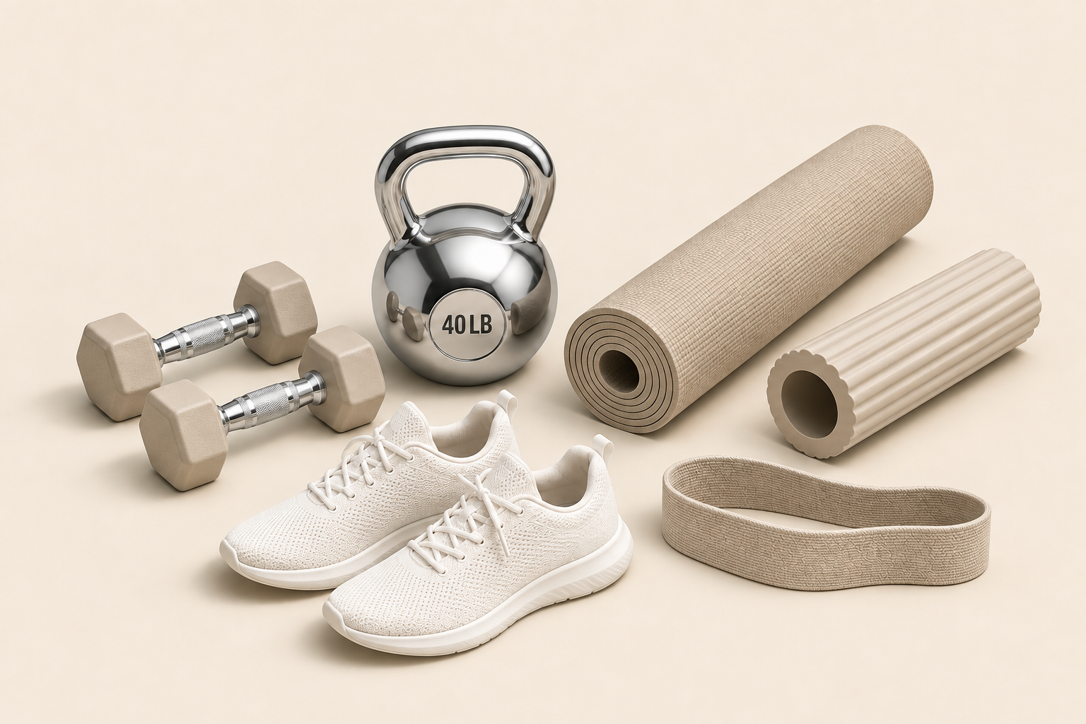 Warm neutral exercise gear including a chrome 40 LB kettlebell, dumbbells with chrome handles, yoga mat, resistance band, foam roller, and minimalist white sneakers.